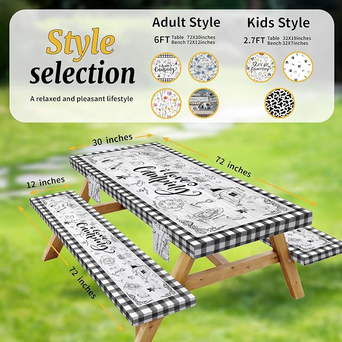 Picnic Table Cover with Bench Covers Elastic,Fitted Table Cloths for Rectangle Tables 6 Foot Washable,Waterproof Tablecloth for Outdoor Camping Essentials Accessories(6 Foot,Checked)
