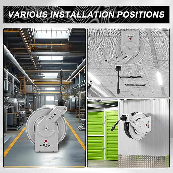 Tool Daily Retractable Pressure Washer Hose Reel 60 FT x 1/4”, Heavy Duty Power Washer Hose Reel 3600 PSI, Auto-Rewinding, Wall/Floor Mounted