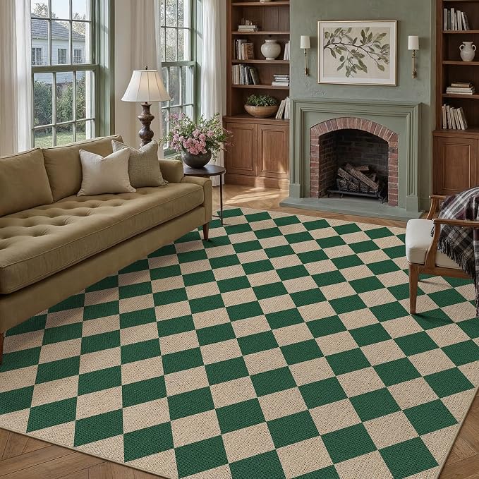 PureCozy 6x9 Checkered Easy Jute Area Rug for Living Room Large Checkerboard Washable Indoor Outdoor Carpet Farmhouse Patio Office Mat Geometric Non Slip Green Carpet for Backyard Dining Room