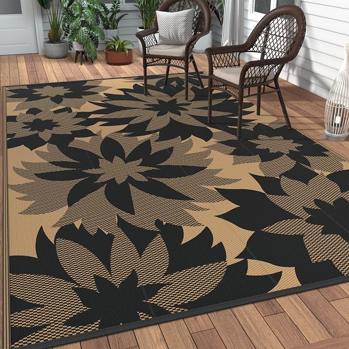 GENIMO Outdoor Rug 6' x 9' Waterproof for Patio Clearance, Reversible Plastic Straw Camping Mat, Light Weight Carpet for Rv, Camper, Deck, Porch, Picnic, Balcony, Beach,Charcoal Black & Brown