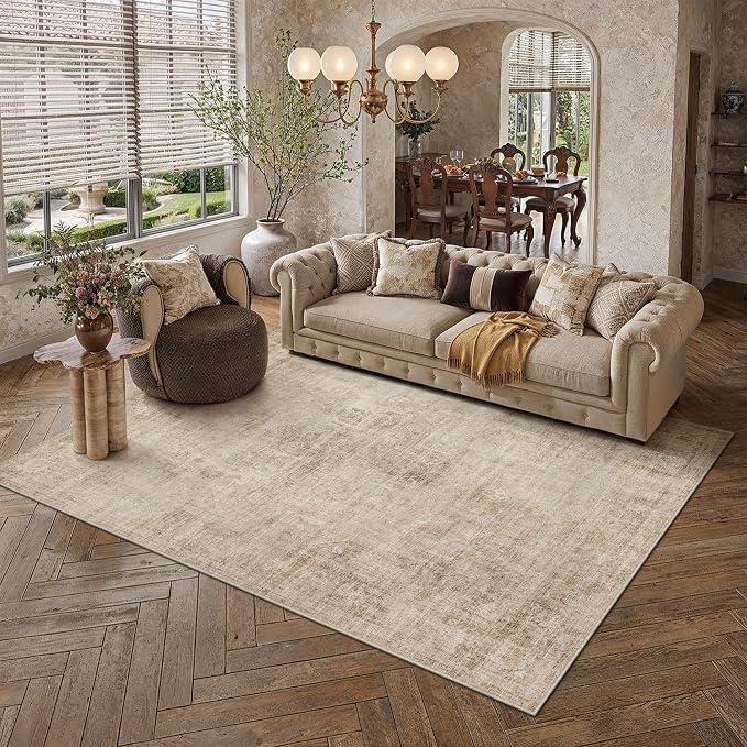 6x9 Beige Vintage Area Rug | Washable, Non Slip, Soft Low Pile, Neutral Farmhouse, for Living Room Bedroom Dining Room Office Indoor Home Decor
