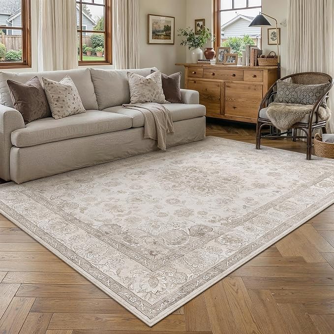 Beige 5x7 Washable Area Rug Bedroom Vintage Distressed Carpet | Soft Low Pile, Non Slip, Stain Resistant, Traditional Retro Decor for Dining Room, Living Room, Office, Kids Room