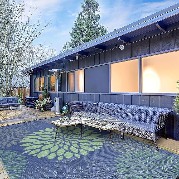Ileading Waterproof Outdoor Rug 6x9, Reversible Plastic Straw Patio Rug, Portable Indoor Outdoor RV Camping Mat Carpet for Deck, Porch, Balcony, Backyard, Picnic, Floral Navy Blue