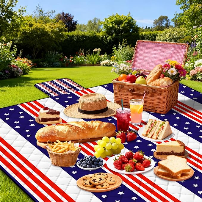 Poedist Extra Large Patriotic Picnic Blanket Waterproof,80"x 80"Foldable Machine Washable Beach Blanket,Outdoor Blanket for 6-8 Adults,Suitable for Indoor Crawling,Park Beach,Camping,Hiking,Family