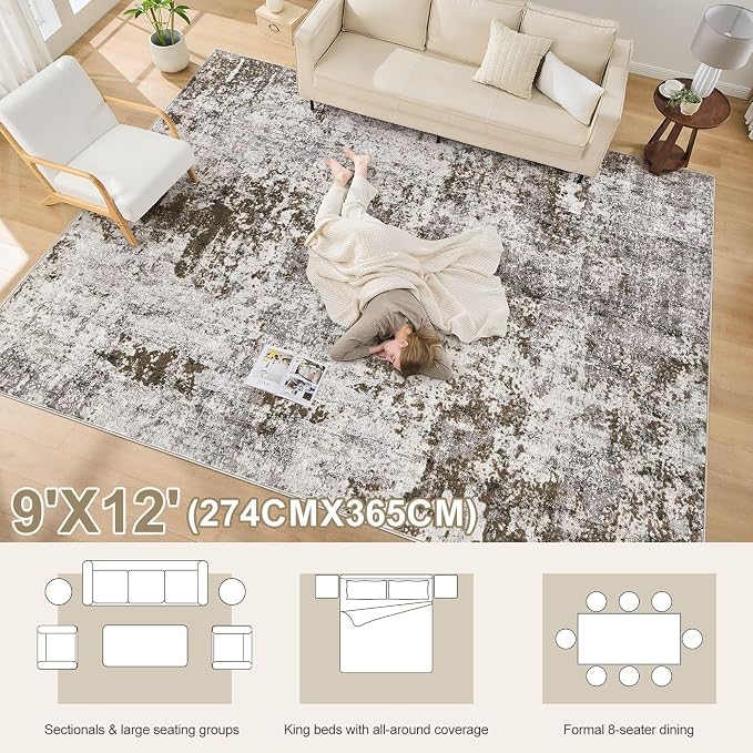 DMOYEST 9x12 Area Rug for Living Room Washable Abstract Indoor Carpet | Neutral Modern Low Pile Rugs Kid & Pet Friendly Large Soft Thin Carpet for Bedroom Dining Room and Office - Dark Brown