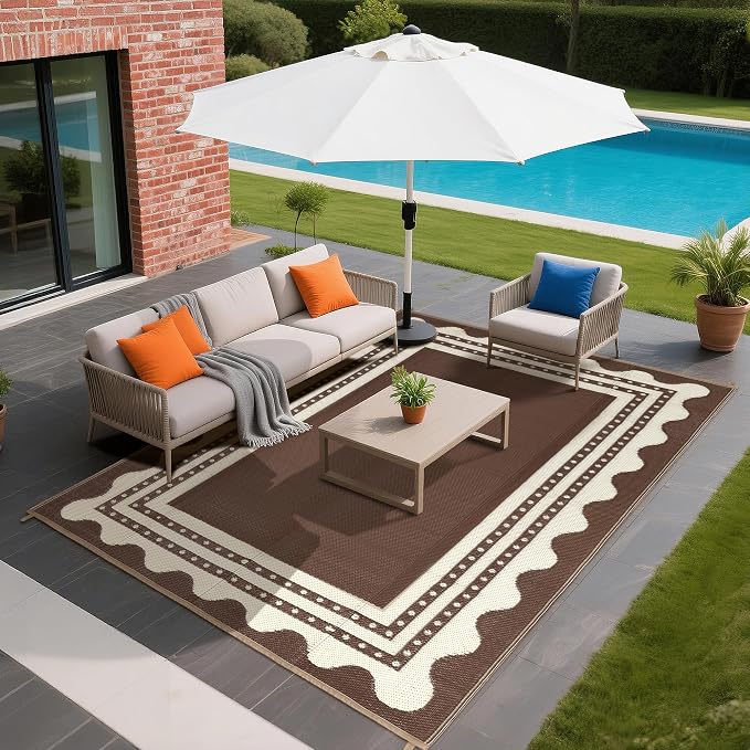 IDEALHOUSE Waterproof Outdoor Rug 8x10 for Patio, Reversible Modern Area Rug, Large Plastic Straw Mat for Camping, RV, Porch, Backyard, Deck, Picnic, Beach, Brown & Beige