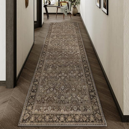 HUGEAR 2'6''x8 Runner Rug Machine Washable Brown Hallway Area Rug Indoor Accent Rugs Floral Low Pile Carpet Soft Throw Rugs Bedroom Living Room Office Dining Kitchen Laundry Non Slip