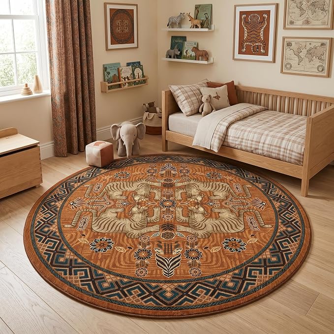 GarveeHome Tiger Round Area Rugs Boho Kids Room Non Slip Washable Vintage | 6ft Orange Animal Print Circle Rugs, Tribal Floor Carpet for Dining Room Entryway Nursery Playroom Office