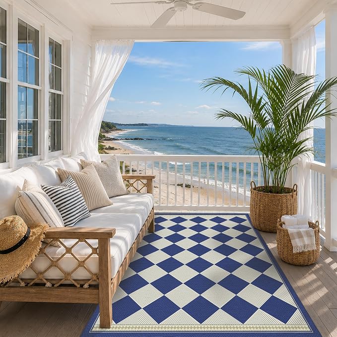 Boho Coastal Navy Blue 4x6 Indoor Outdoor Patio Porch Rug, Diamond Checkered Washable Non Slip Easy Jute Accent Rug, Modern Minimalist Entryway Floor Mat, Large Kitchen Balcony Rugs