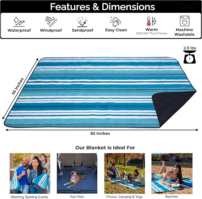 BRAWNTIDE Large Waterproof Outdoor Blanket, Extra Thick Fleece, Warm, Windproof & Sandproof, Quilted Stadium Blanket for Sports Events, Beach, Camping, Picnics, Dogs & Car, 82" x 55