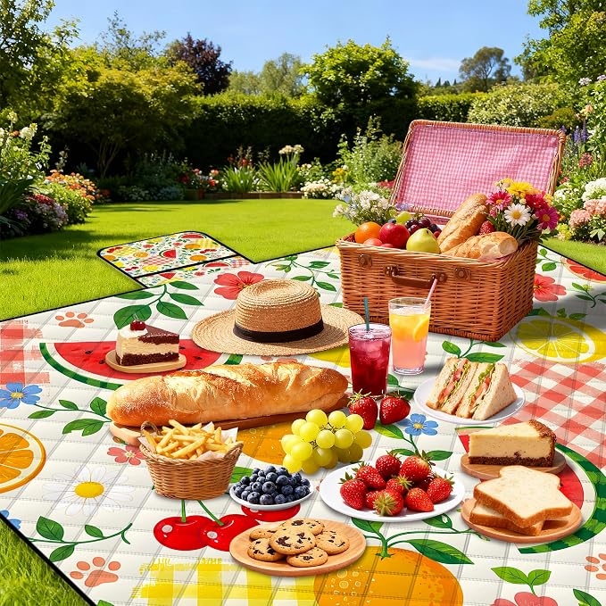 Extra Large Picnic Blanket Waterproof,80"x 80"Foldable Machine Washable Outdoor Blanket,Fruit Beach Blanket for 6-8 Adults,Picnic Mat Suitable for Indoor Crawling,Park Beach,Camping,Hiking,Travel