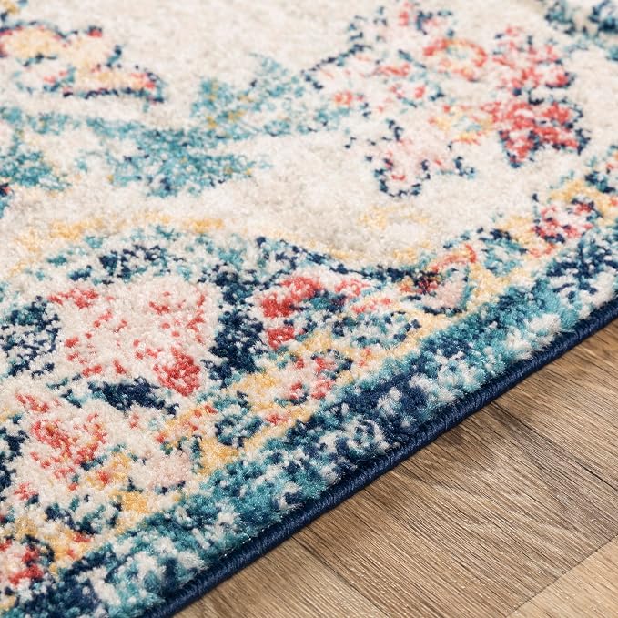Livabliss Area Rugs - 7x7 Odelia Vintage Boho Aqua Burgandy Blue Square Area Rug for Living Room Bedroom - Floral Medallion Stain Resistant Carpet for Kitchen, Nursery, Office (6'7" Square)