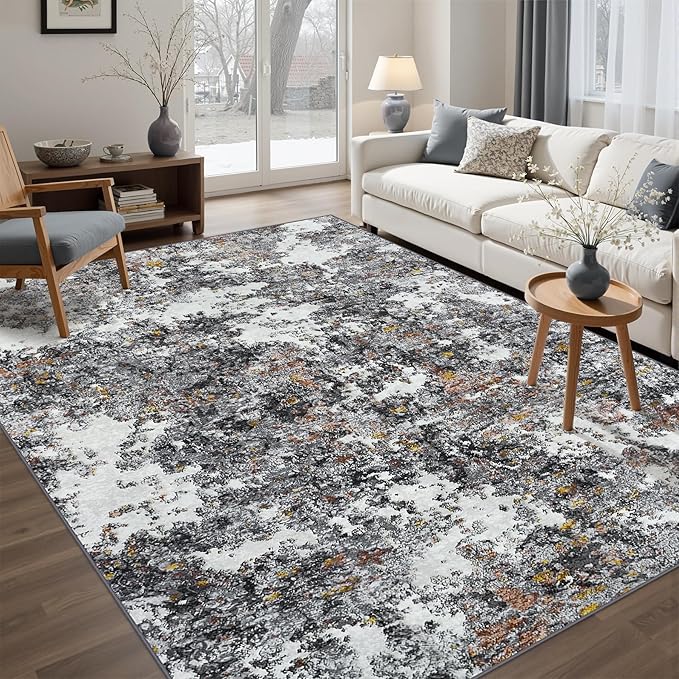 Tosuoka 6x9 Area Rugs for Living Room Abstract Washable Gray Multi Rug | With Anti-Slip Backing，Non-Shedding，Stain-Resistant，Soft Modern Large Carpet for Bedroom Dining Room Farmhouse Nursery