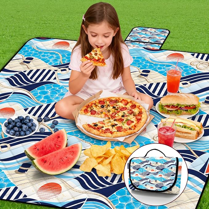 Extra Large Picnic Blanket Waterproof,80"x 80"Foldable Machine Washable Outdoor Blanket,Blue Beach Blanket for 6-8 Adults,Picnic Mat Suitable for Indoor Crawling,Park Beach,Camping,Hiking,Travel