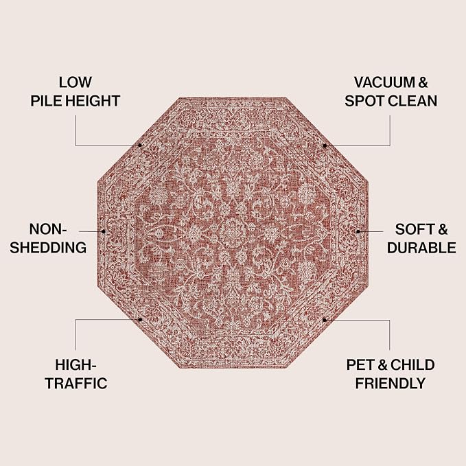 JONATHAN Y Weave Floral Indoor Outdoor Octagon Area Rug 5 Ft Red/Taupe, Tela Bohemian Textured for Backyard, Patio, Porch, Easy-Cleaning, High Traffic, Pet-Friendly, Non-Shedding (SMB100A-5TGN)
