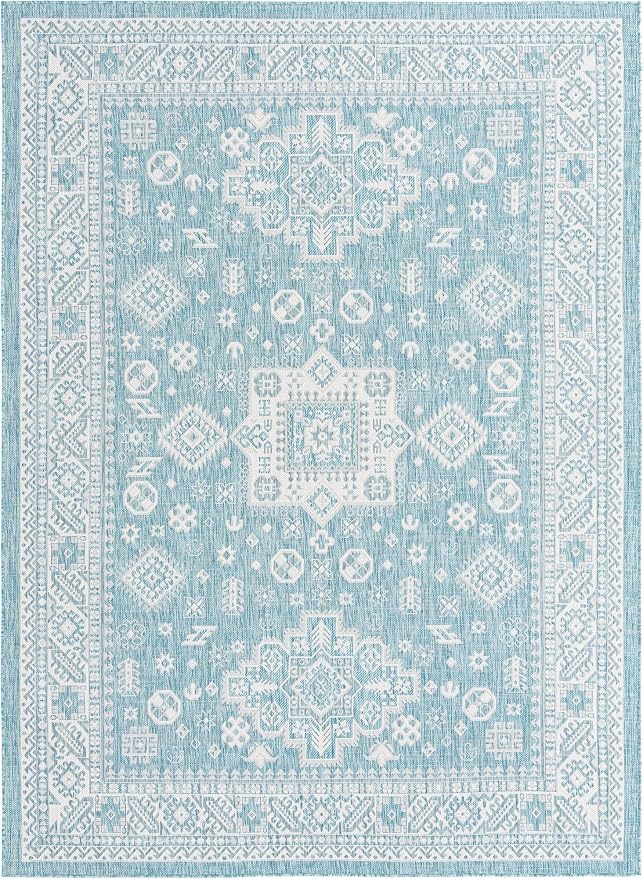 Unique Loom Outdoor Aztec Collection Area Rug - Chalca (7' 10" x 11' Rectangle, Aqua/ Ivory)