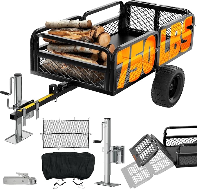 Mockins Heavy Duty 750 Lbs. Capacity UTV ATV Utility Trailer w/Cover & Net | Lawn Mower Trailer w/ Ramp, Jack Stand & 16" Wheels | Off-Road Steel Garden Dump Cart for Lawn Tractor , ATV Cart & More