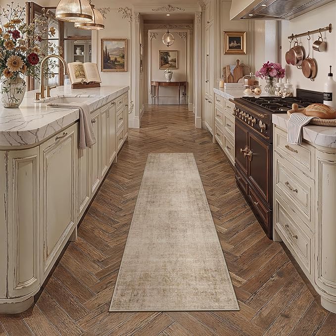 2x5 Beige Vintage Runner Rug | Washable, Non Slip, Soft Low Pile, Neutral Farmhouse, for Hallway Kitchen Laundry Bathroom Bedroom Living Room Home Decor