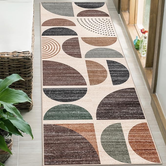 Runner Rug Washable,2x6 Area Rugs Non Slip Modern Abstract | Long Throw Carpet for Hallways Kitchen Bathroom Bedroom Entryway Bedside Laundry Boho Soft Low Pile Floor Indoor Brown