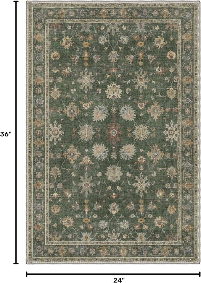 2x3 Doormat, Vintage Floral Washable Non Slip Area Rug for Entrance | Floral Soft Low Pile Boho Small Rug for Entryway Bedside Kitchen, Stain Resistant Lightweight Easy Care Rug, Dusty Green