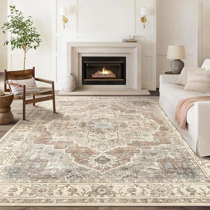 Washable Area Rug-8X10 Vintage Neutral Soft Beige Brown | Non Slip Thin Foldable Large Floor Carpet for Living Room Bedroom Kitchen Dining Room Home Office Farmhouse Indoor