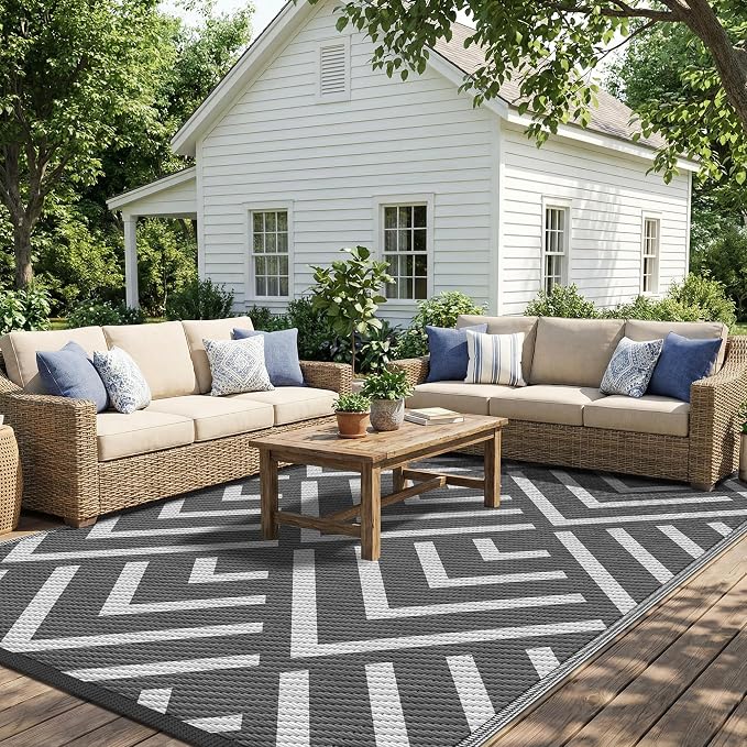 Kohree Outdoor Rug 9x12 Reversible, Waterproof Outdoor Plastic Straw Rug RV Patio Mat, Non-Slip Easy-Cleaning RV Outdoor Mat Carpet for Deck, Patio, Camping, Balcony, Deck, Backyard (Grey & White)