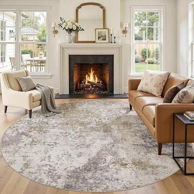 Nakagishi 8X8 Abstract Washable Area Rugs for Living Room-Brown Grey | Modern Non-Slip Silicone Backing Low Pile Soft Carpet for Bedroom Dining Decor Ideal for Families with Kids and Pets