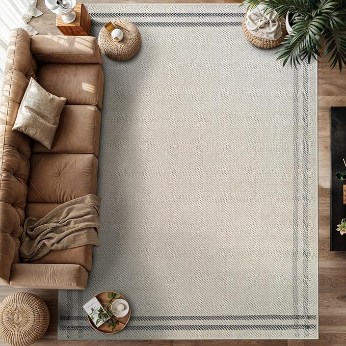 Luul Home Easy Jute Rugs 8x10 Bordered Bone Color Living Room Indoor Outdoor Area Rug for Patio and Kitchen Rug High Traffic Washable Easy to Clean Solid Boho Woven Design Outside Carpet (8 x 10)