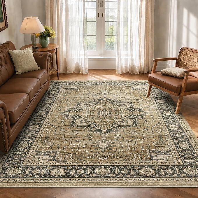 5x7 Area Rug for Living Room Soft Washable Vintage Boho Area Rug | Non-Slip, Retro Print, Low Pile, Stain Resistant, Soft Washable Green Carpet, for Bedroom, Dining Room, Nursery, Home Office