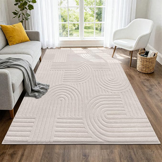 SHACOS Soft Cozy Fluffy Arch Pattern High Low Pile Area Rugs 4'x6' Non Slip Washable Scandinavian Minimalist Rug Modern Geometric Arc Carpet for Living Room Bedroom Dining Room, Beige