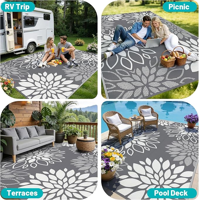 HEBE Waterproof Outdoor Rug 8x10 for Patios, Floral Reversible Plastic Straw Rug Patio Mat, Indoor Outdoor Carpet RV Mat Camping Rug for Deck, Camper, Porch, Balcony, Backyard, Picnic