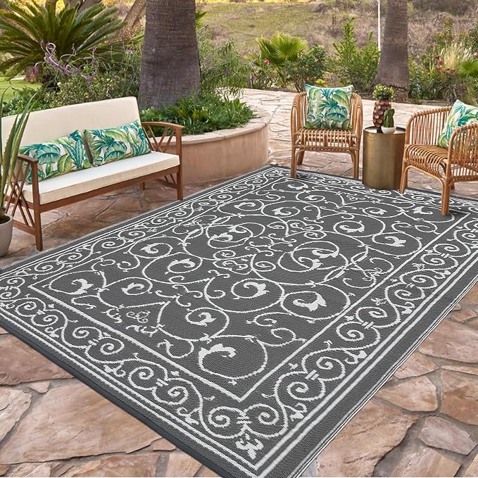 Garvee Outdoor Rug 9x18 Outdoor Patio Rug Reversible Plastic Straw Rugs Waterproof Foldable Mat Easy Clean Lightweight Carpet for Backyard Camping Porch RV Beach Balcony Deck Picnic Vintage Grey