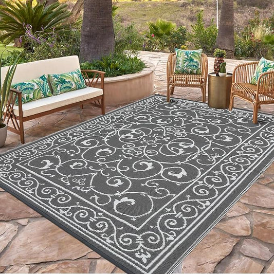 Garvee Outdoor Rug 9x18 Outdoor Patio Rug Reversible Plastic Straw Rugs Waterproof Foldable Mat Easy Clean Lightweight Carpet for Backyard Camping Porch RV Beach Balcony Deck Picnic Vintage Grey