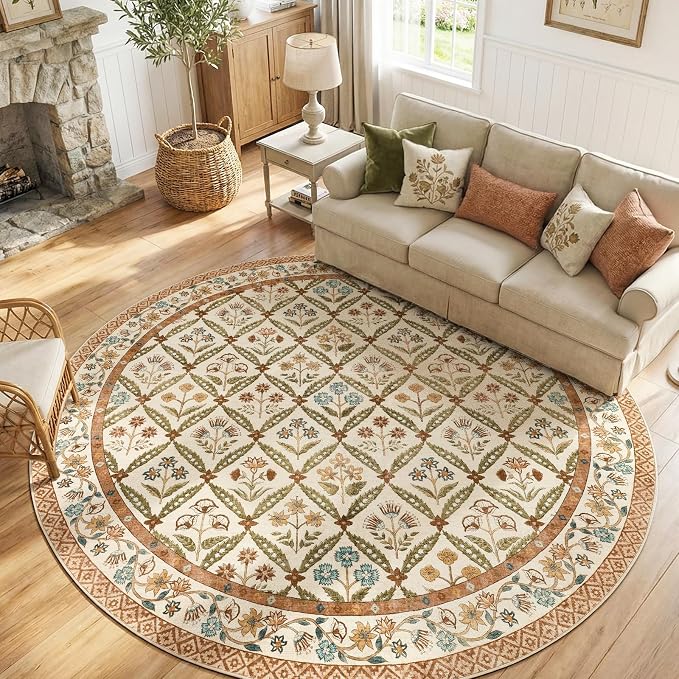 jinchan Round Rug 7ft Vintage Floral Washable Circle Area Rug, Terracotta | Soft & Lightweight, Checkered Floral, Low Pile, Non Slip, Dining Room, Living Room, Bedroom, Girls Room, Kids Room Decor