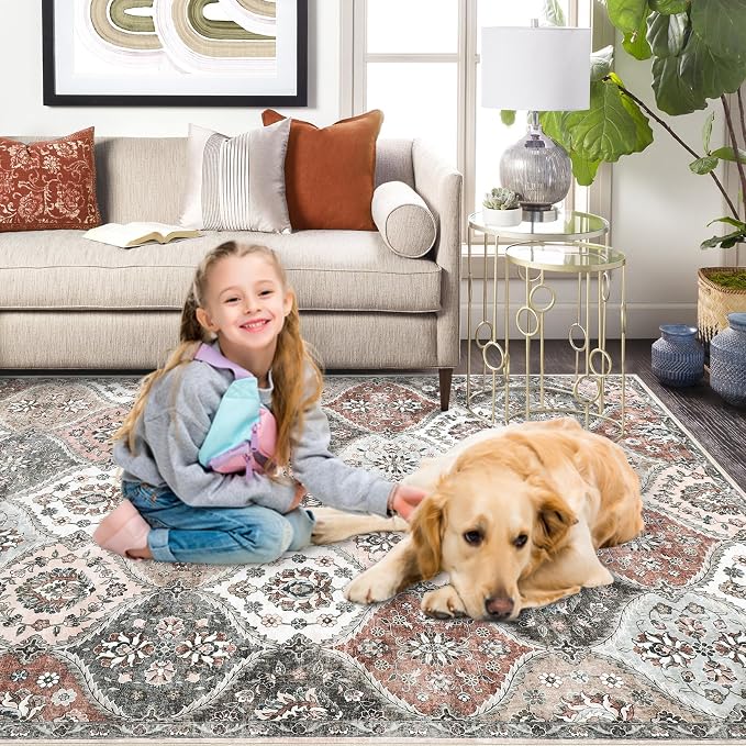 ROYHOME 9x12 Area Rug Large Moroccan Machine Washable Rug, Pink/Grey | Vintage Medallion Distressed Trellis Indoor Accent Rug Stain Resistant Non-Slip Floor Cover Carpet for Living Room Bedroom