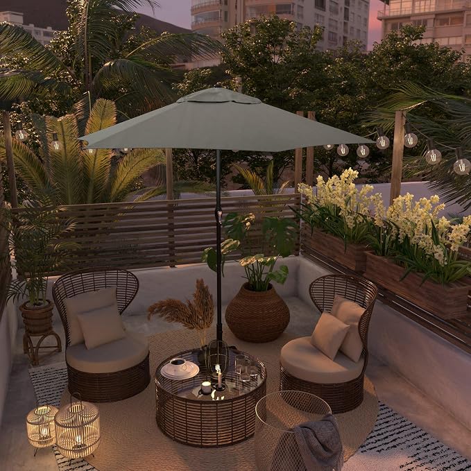 Sunline 9 ft Patio Umbrella with Crank & Push Button Tilt, Outdoor Market Umbrella with UV Protection & Wind Vent, Metal Frame for Deck, Pool & Table, Taupe