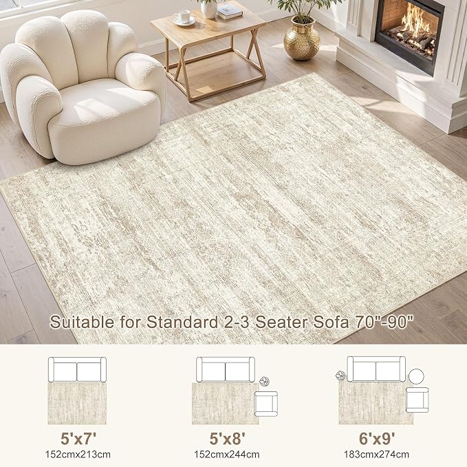 UERMEI 5x7 Washable Area Rug - Neutral Modern Abstract Living Room Rugs, Non-Slip Soft Large Indoor Floor Carpet for Bedroom Home Office & Under Dining Table Decor, Beige/Brown