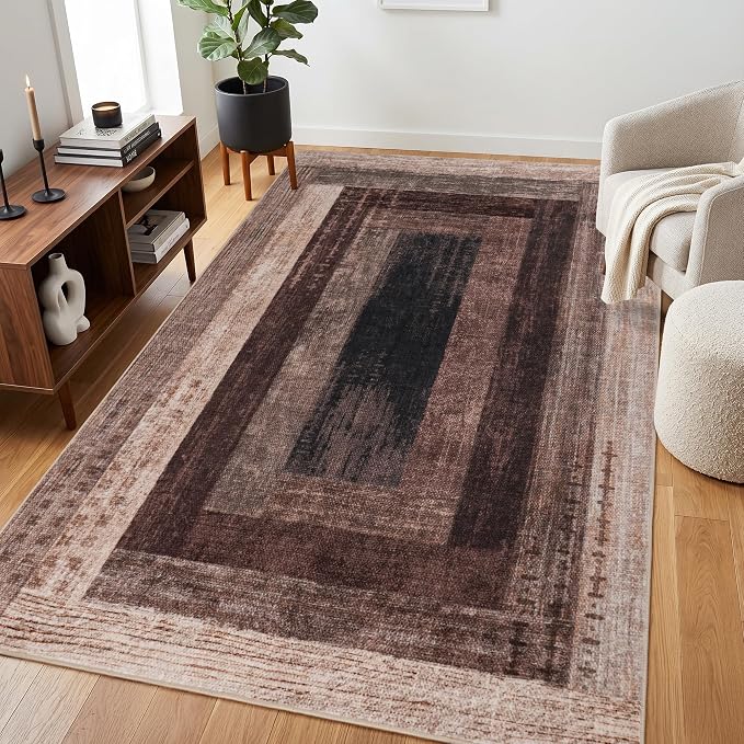 Neutral Geometric Brown 6x9 ft Large Rug for Living Room Bedroom | Contemporary Modern Area Rugs Vintage Non-Slip Soft Faux Wool Low Pile Indoor Carpet for Dining Room Office Home Decor