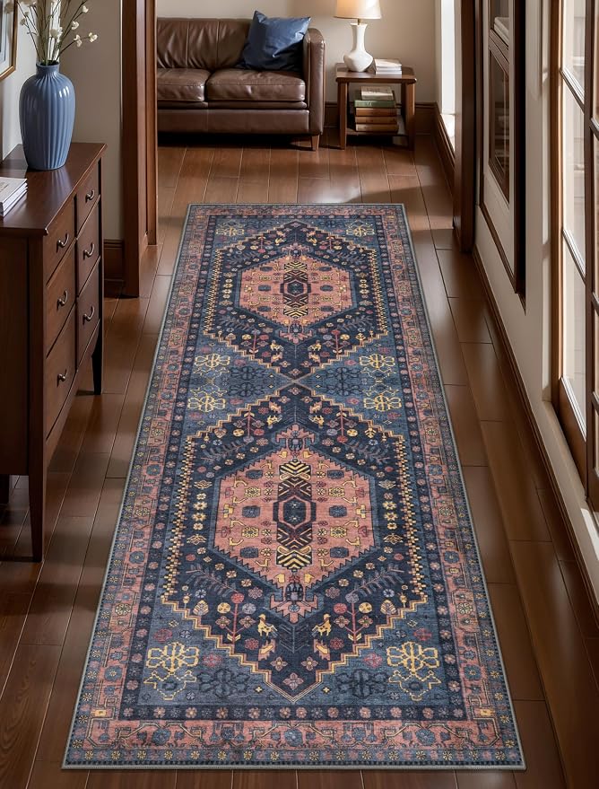 Ciicool 2x5ft Runner Rug,Washable Hallway Vintage Low-Pile Kitchen Carpet | Oriental Non-Slip Thin Indoor Mat Navy Soft Entry Rugs for Entryway Bedroom Bedside Living Room Laundry Bathroom Decor