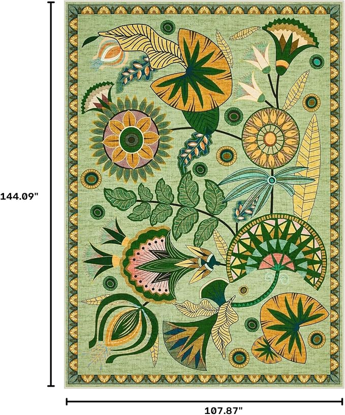 Joydeco Egypt Floral Large Washable 9x12 Area Rug for Living Room Bedroom | Boho Botanical Colorful Aesthetic Non Slip Flower Indoor Throw Carpet for Dining Room Office Guest Room Playroom, Sage Green
