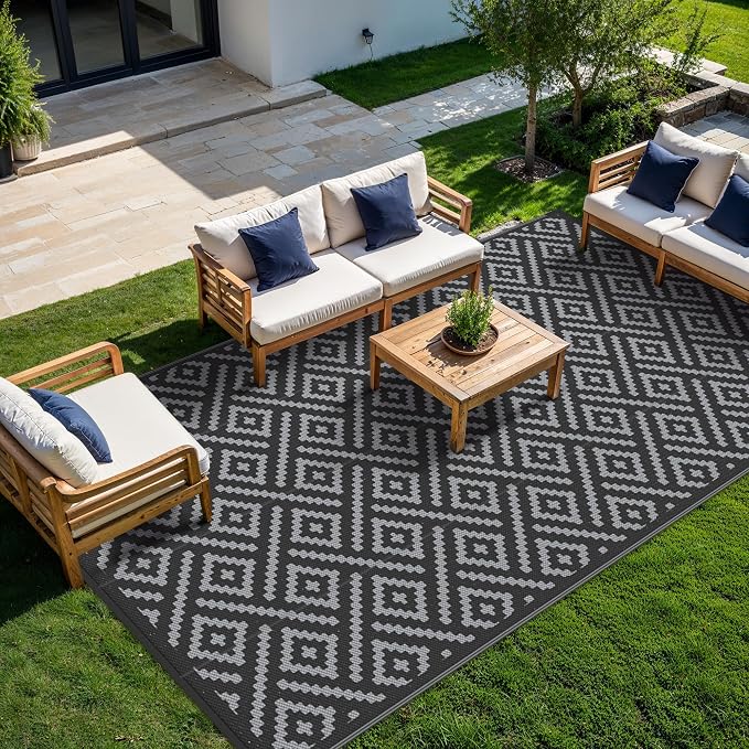 GENIMO Outdoor Rug for Patio Clearance, 8'x16' Waterproof Camping Mat, Reversible Plastic Straw Rugs for RV, Camper, Balcony, Backyard, Picnic, Deck, Black & Gray