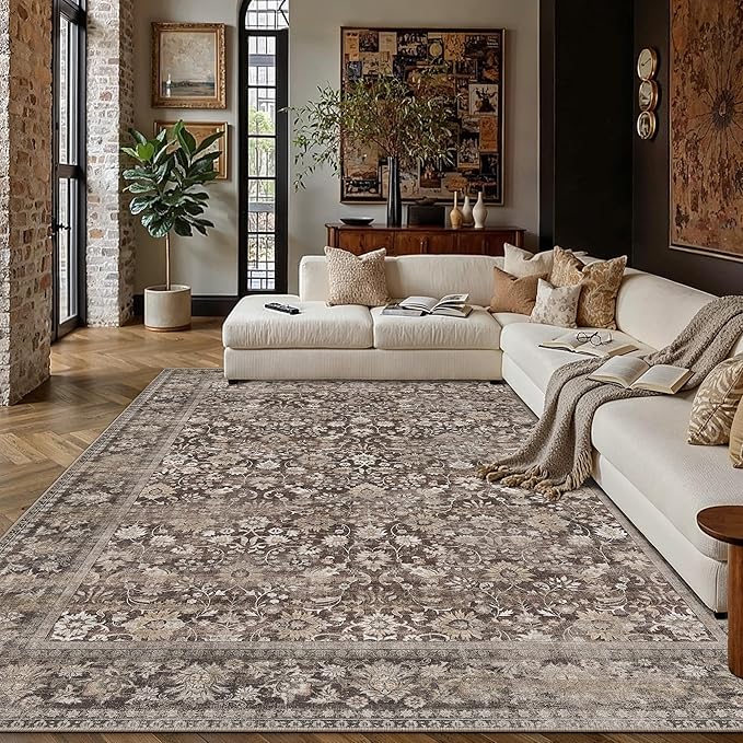 HUGEAR 6x9 Machine Washable Rugs Coffee Brown Hallway Large Area Rug Indoor Accent Rug Floral Low Pile Carpet Soft Throw Aesthetic Rug Bedroom Living Room Office Dining Room Kitchen Laundry Room