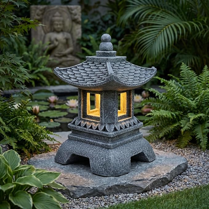 Solar Pagoda Decors Garden Statues, Zen Asian Outdoor Statues Accessories Japanese Pagoda Lamp Lantern for Garden Balcony Patio Porch Yard Art Ornament Decoration, 12 Inches
