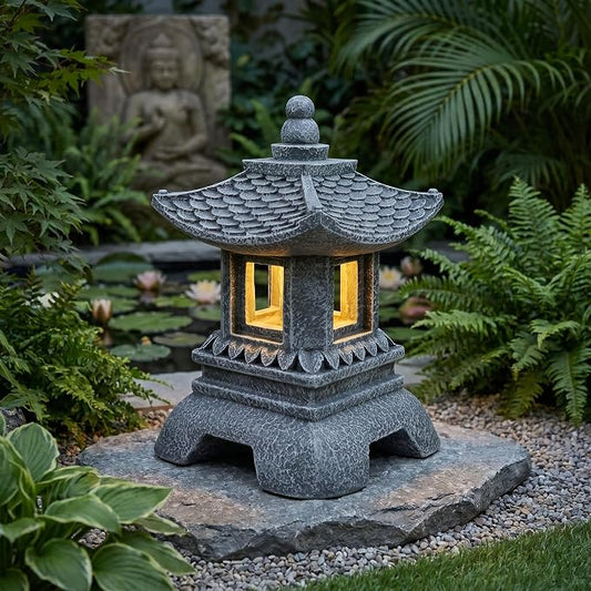 Solar Pagoda Decors Garden Statues, Zen Asian Outdoor Statues Accessories Japanese Pagoda Lamp Lantern for Garden Balcony Patio Porch Yard Art Ornament Decoration, 12 Inches
