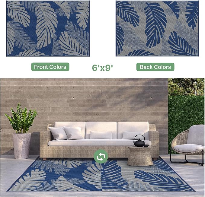 GENIMO Waterproof Outdoor Rug 6' x 9' for Patio Decor, Reversible Plastic Straw Area Rugs for Camping Clearance, RV Mat, Large Outside Carpet for Porch, Deck, Picni, Balcony, Garden, Blue & Grey