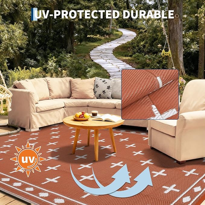 Outdoor Rug 9x12 Modern Area Rugs for Indoor and Outdoor Patios and Porches - Waterproof, Washable, Non-Shedding, Easy-to-Clean Outside Carpet，Orange/White