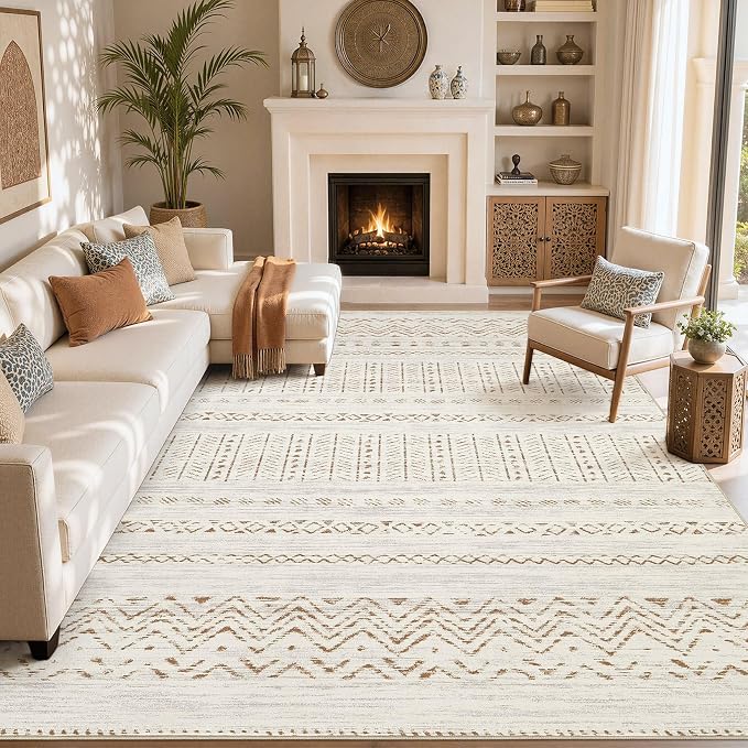cotiled Boho 12x15 Area Rug for Living Room: Large Moroccan Washable Rug | Stain Resistan Carpet for Bedroom Farmhouse Brown Cream