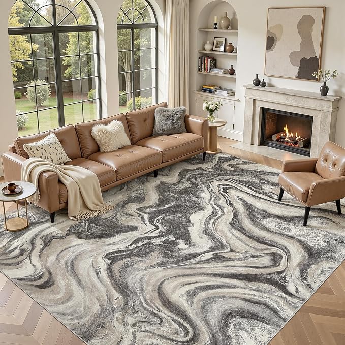 DMOYEST 8x10 Area Rug for Living Room Washable Abstract Indoor Carpet | Neutral Modern Low Pile Rugs Kid & Pet Friendly Large Soft Thin Carpet for Bedroom Dining Room and Office - Ash Grey