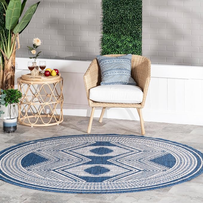 Nuloom Ranya Blue/Ivory, 6'7" Round, Tribal Geometric, Soft and Cozy, High Traffic, Stain Resistant, Easy Clean, Durable Area Rug for Indoor/Outdoor Patio, Deck, Porch, Garden, Courtyard