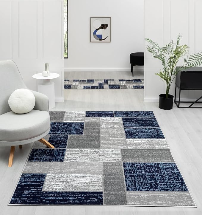 L'Baiet Verena Geometric Area Rug Blue Grey 2' x 6' Runner Throw Rugs Carpet for Living Room, Bedroom, Dining Table, Office, Hallway, Foyer | Neutral Colorful Modern Abstract Home Decor